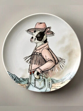 West Elm Dapper Animal Plate Cow Rachel Kozlowski Western Porcelain
